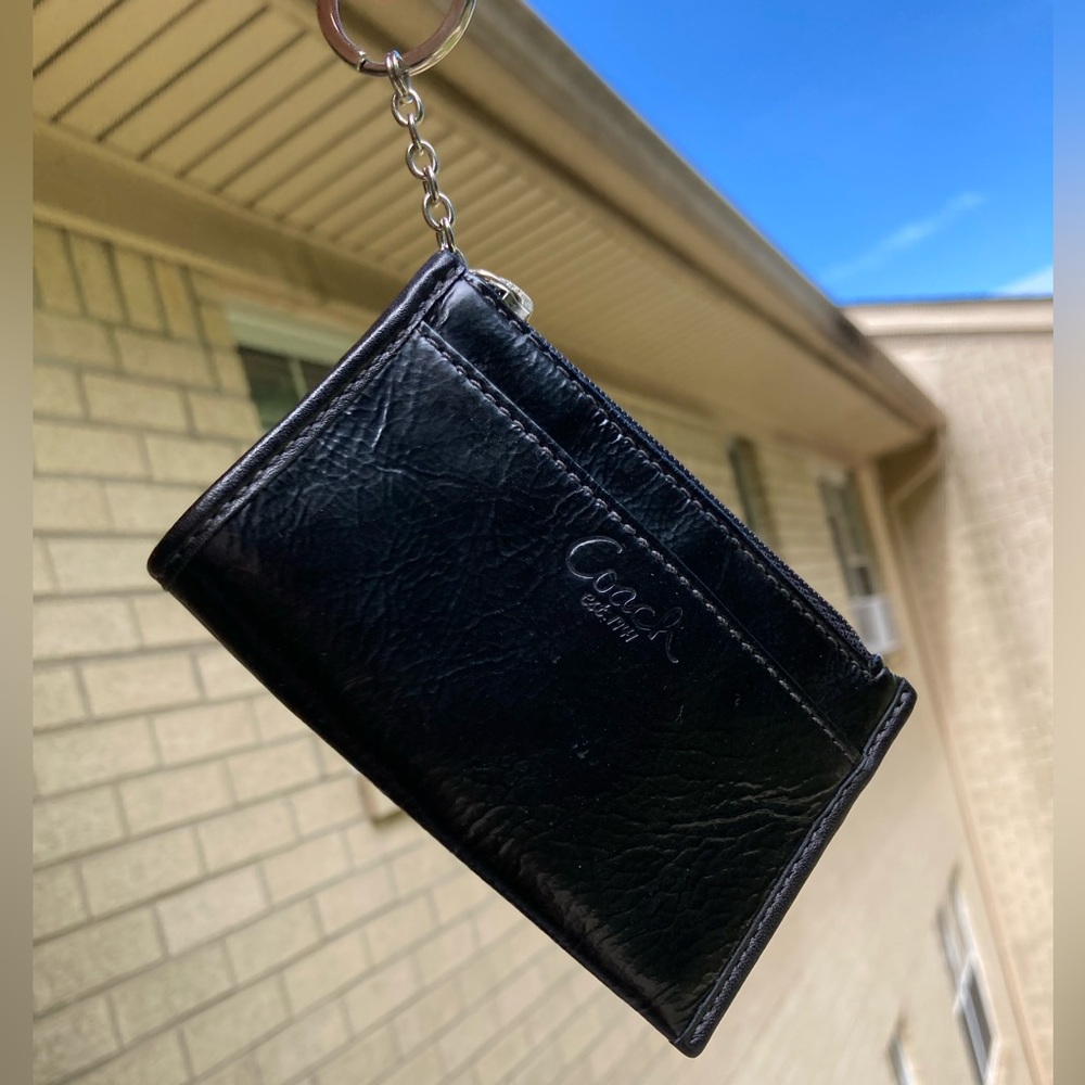 Coach Soft Black Patent Leather Key Chain Card ID Holder Bag Charm Zipper Pouch